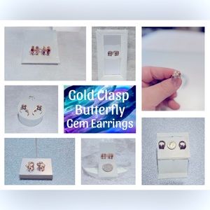 Gold Clasp Gem Butterfly Earrings